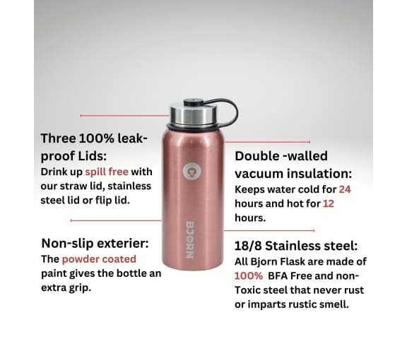 BJORN Champagne Pink 3 Lids Vacuum Insulated Stainless Steel Double Walled Leak Proof Thermo Mug Water Bottle