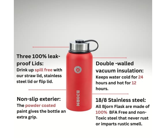 BJORN Chilli Red 3 Lids Vacuum Insulated Stainless Steel Double Walled Leak Proof Thermo Mug Water Bottle