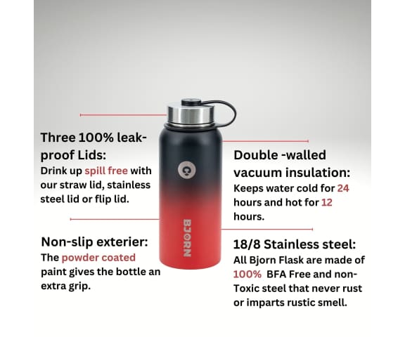 BJORN Coal Red 3 Lids Vacuum Insulated Stainless Steel Double Walled Leak Proof Thermo Mug Water Bottle