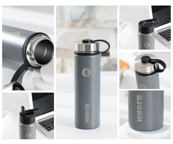 BJORN Grey 3 Lids Vacuum Insulated Stainless Steel Double Walled Leak Proof Thermo Mug Water Bottle