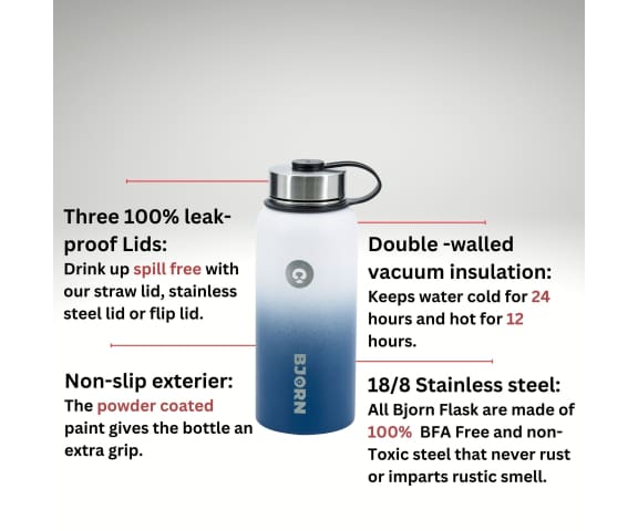 BJORN Mystic Blue 3 Lids Vacuum Insulated Stainless Steel Double Walled Leak Proof Thermo Mug Water Bottle