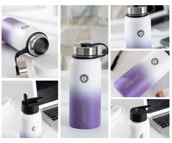 BJORN Snow Lavender 3 Lids Vacuum Insulated Stainless Steel Double Walled Leak Proof Thermo Mug Water Bottle