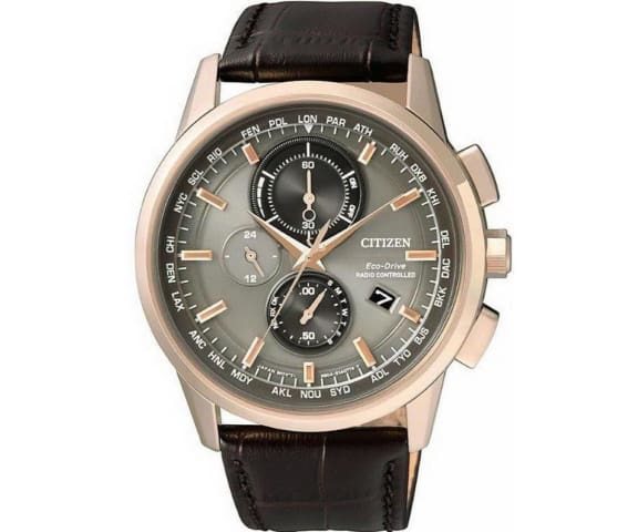 CITIZEN AT8113-12H Chronograph Eco-Drive Radio Controlled Leather Grey & Rose Gold Dial Mens Watch