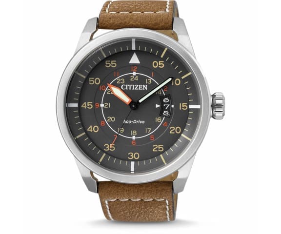 CITIZEN AW1360-12H Eco-Drive Analog Grey Dial Leather Strap Men’s Watch