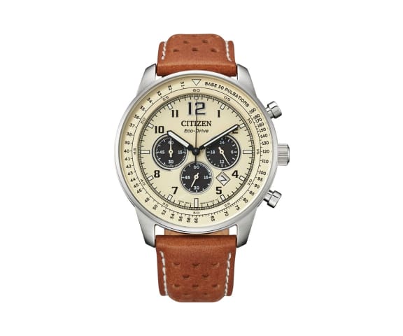 CITIZEN CA4500-16X Eco-Drive Analog Beige Dial Leather Strap Men’s Watch