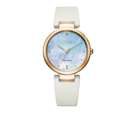 CITIZEN EM0853-22D Eco-Drive Analog Mother of Pearl Dial & White Satin Leather Strap Women’s Watch