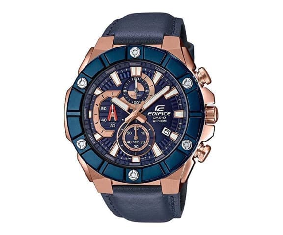 EDIFICE EFR-569BL-2AVUDF Chronograph Leather Rose Gold Blue Dial Men’s Watch