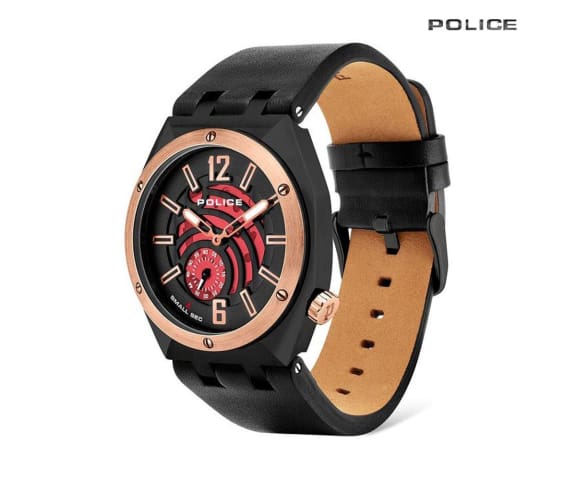 POLICE PL16010JSBR/16 Gobustan Analog Black Leather Strap Men’s Watch